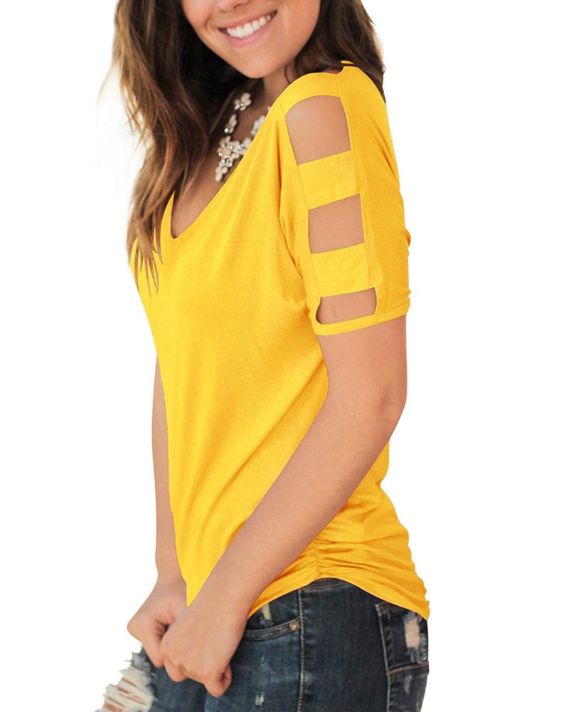 Jescakoo Summer Cut Out Shoulder T Shirts for Women Short Sleeve Blouses Yellow M - Image 4